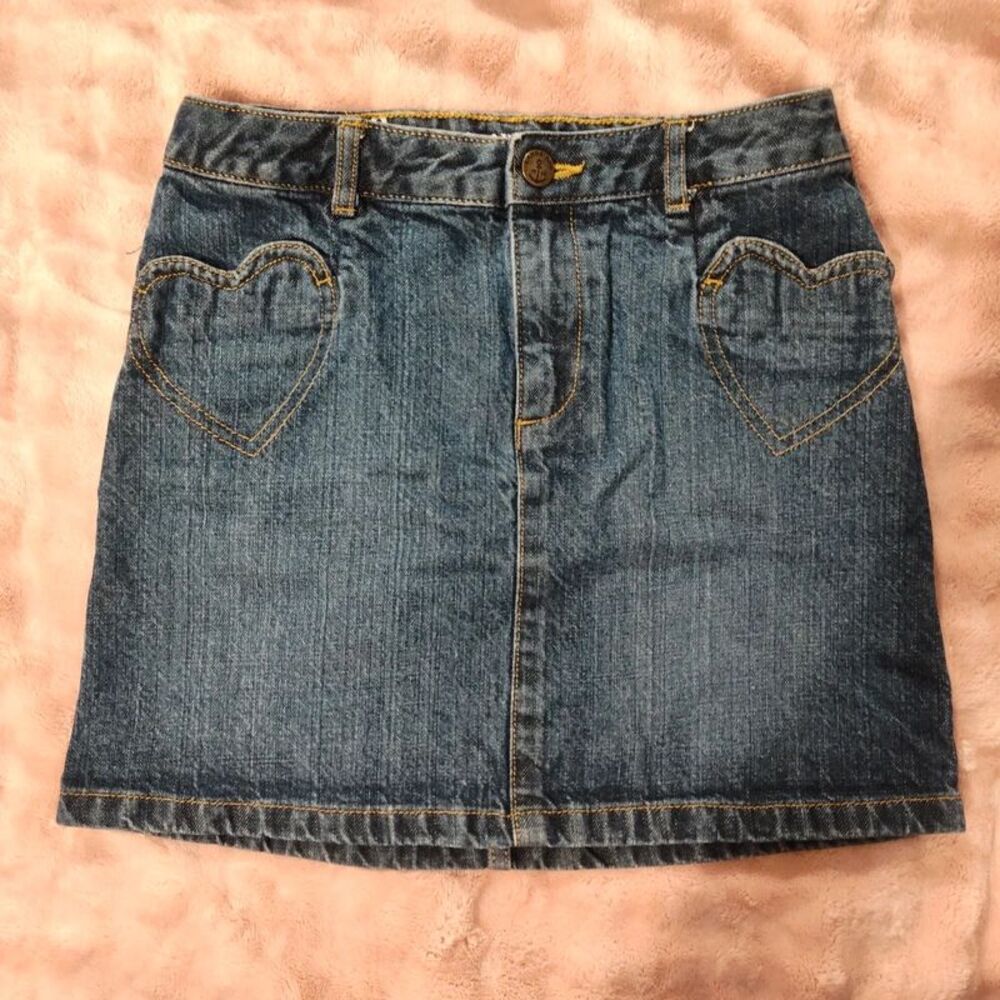 Lands End Blue Jean Denim Mini Skirt Heart Pockets Girls 10